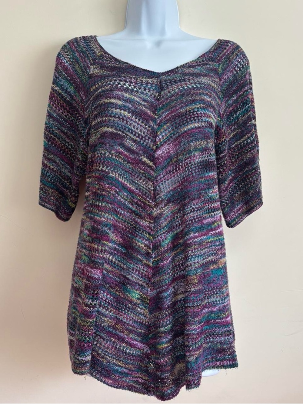Faded Glory Purple Multicolor Boho Knit Crochet-Style Top Y2K Blouse Size M